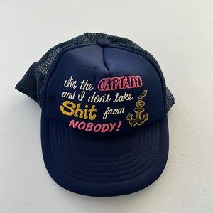 Funny trucker snap-back hat. Drake blue. One size fits all.